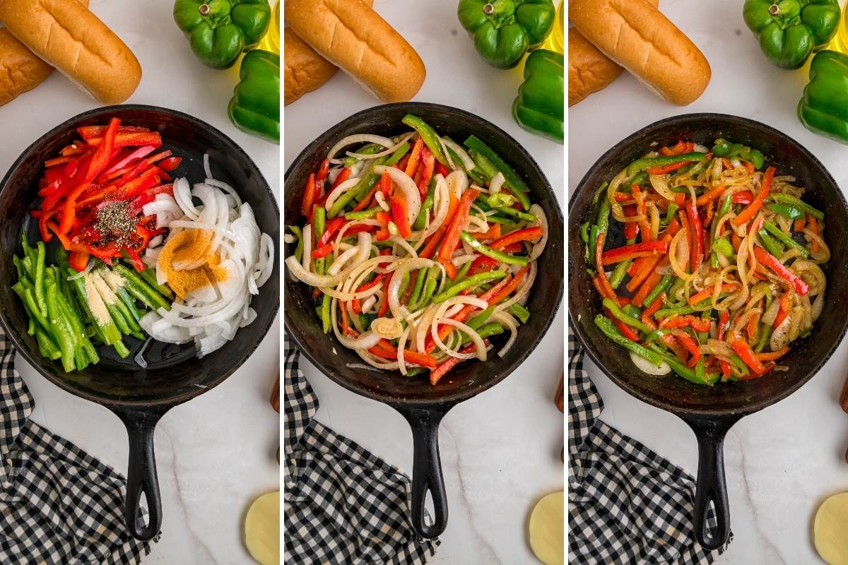 Three-step progression of sliced red and green peppers and onions cooking down in a cast iron skillet.