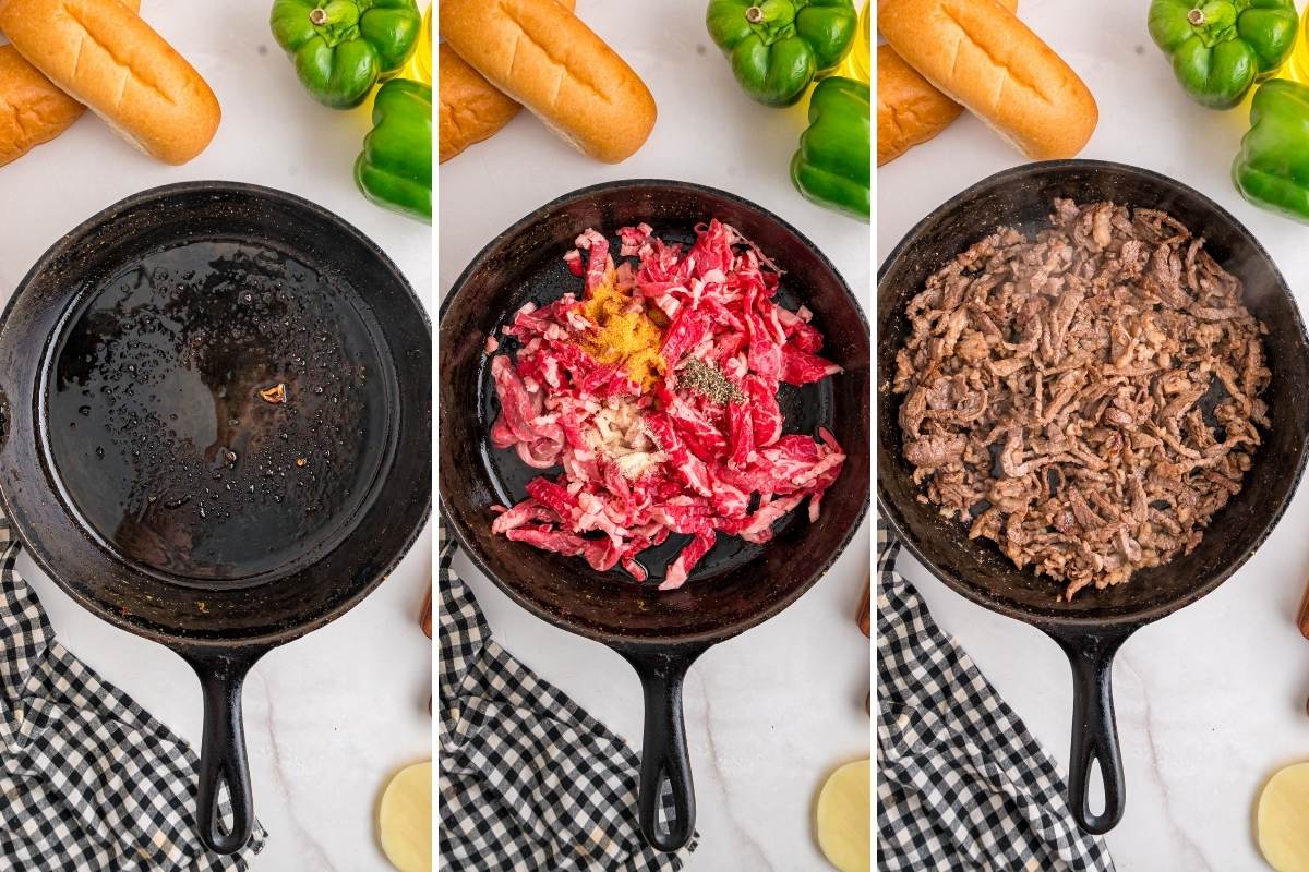 Three-panel sequence showing an empty cast iron skillet, raw seasoned steak strips added, then browned cooked beef.