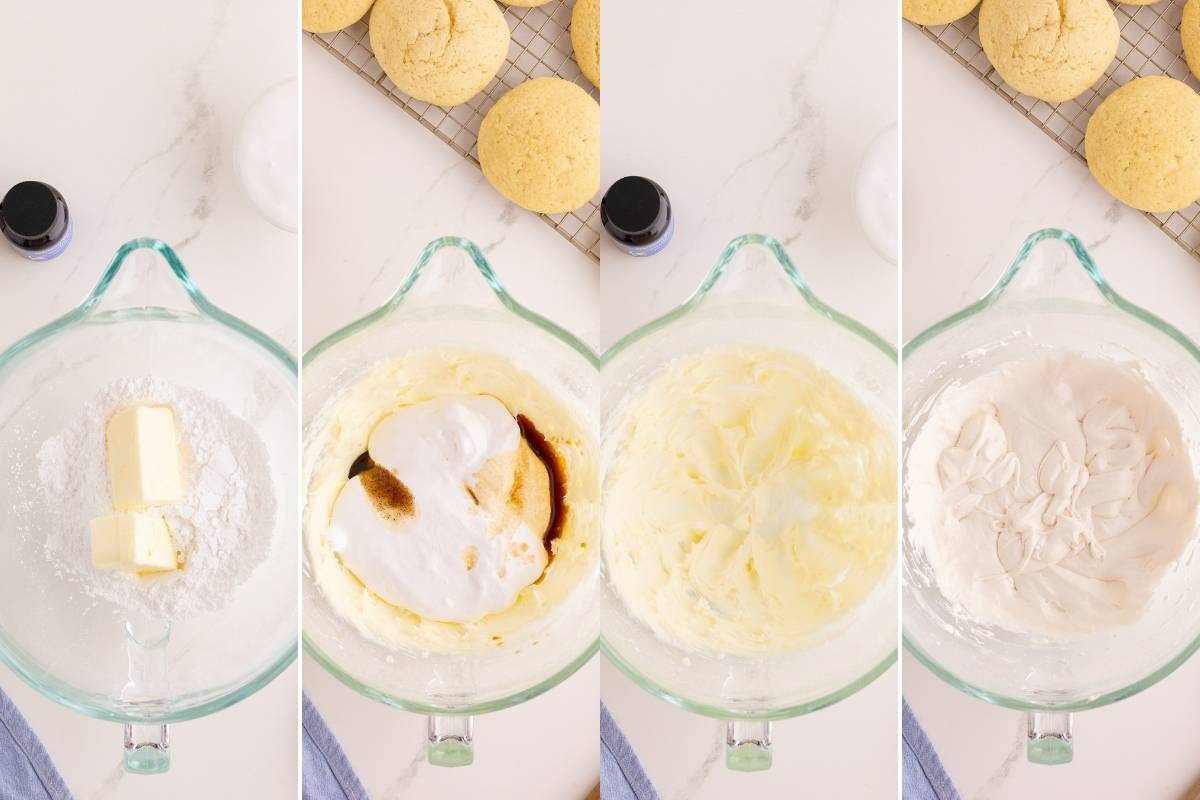 Four-step collage showing butter, powdered sugar, marshmallow fluff, and vanilla being beaten into fluffy whoopie pie filling.