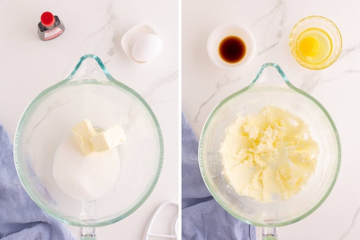 Butter cubes and sugar in a glass bowl beside creamed pale mixture with vanilla and egg.
