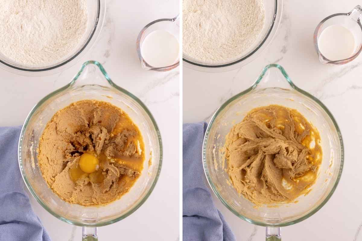 Side-by-side glass mixing bowls showing a raw egg added to butter mixture then blended smooth.