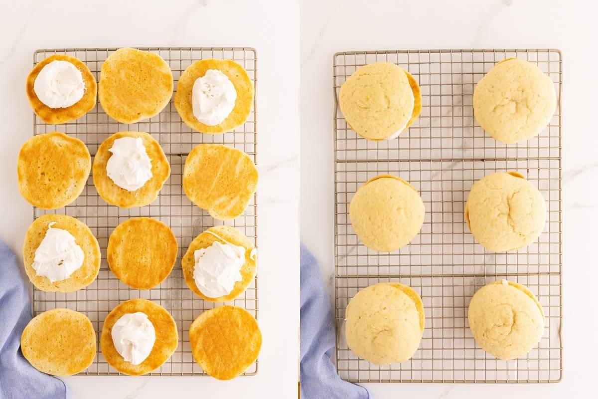 Vanilla cookie halves topped with white frosting dollops on a wire rack, then sandwiched together into finished whoopie pies.