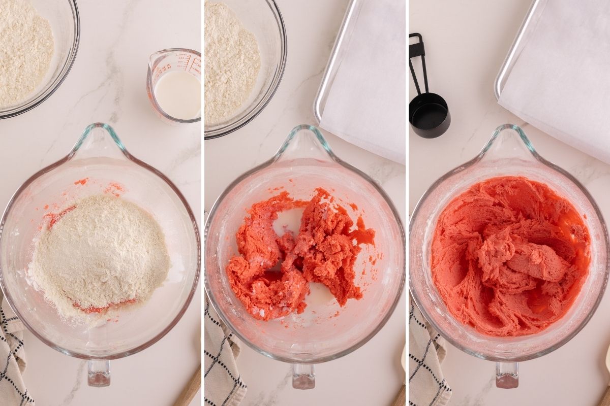 Three-step progression showing flour and milk being alternately added to pink strawberry cookie dough in a glass mixing bowl.