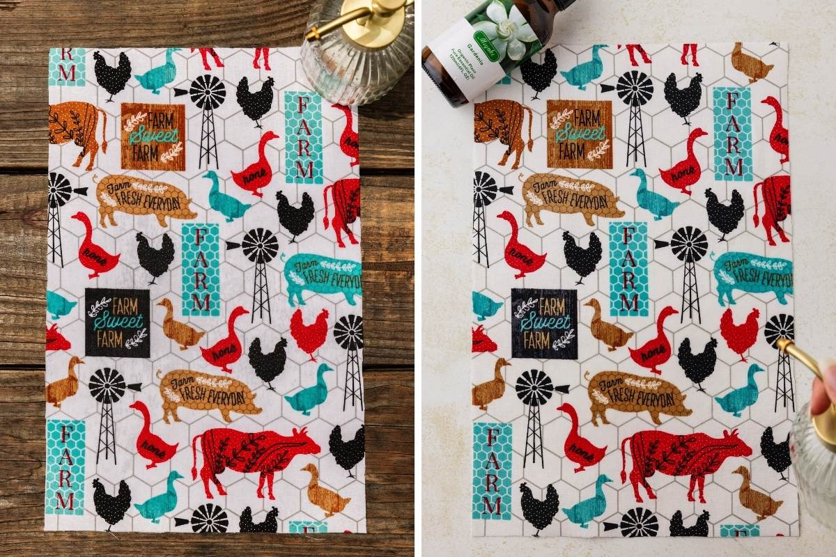 Farmhouse-print fabric liners laid flat while essential oil bottle is applied to scent them.