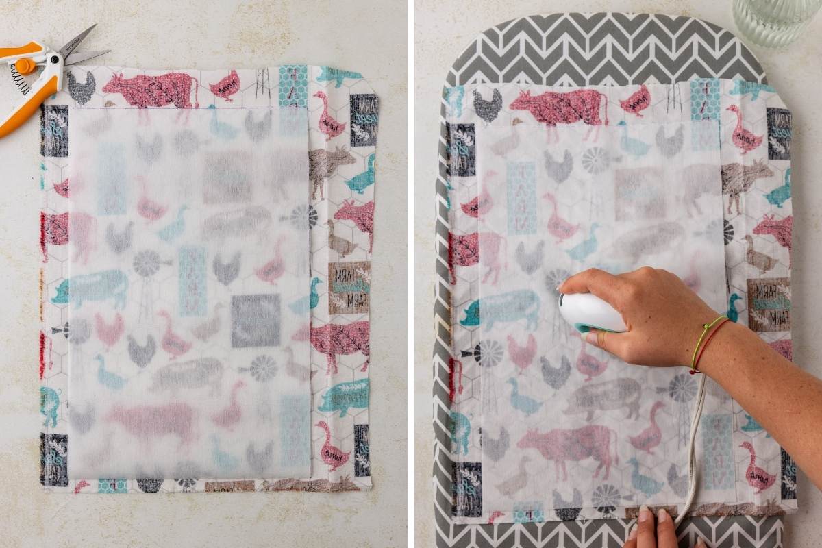Fusible interfacing being pressed onto farm-print fabric with a small iron on a chevron ironing mat.