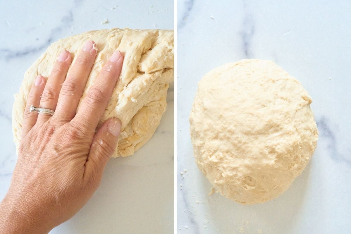 Hand kneading shaggy sourdough on a marble counter beside a smooth round dough ball.