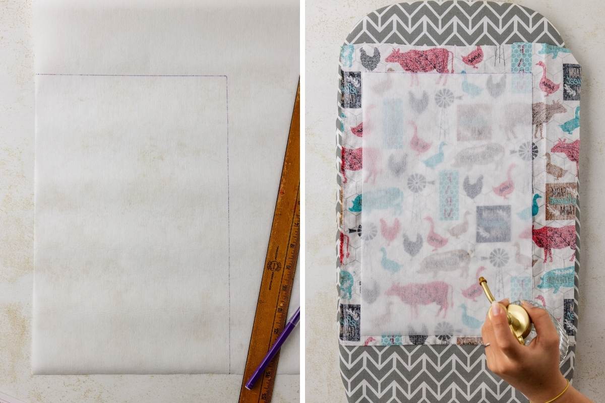 Wax paper being measured and marked with a ruler and pen beside a farmhouse-print liner.