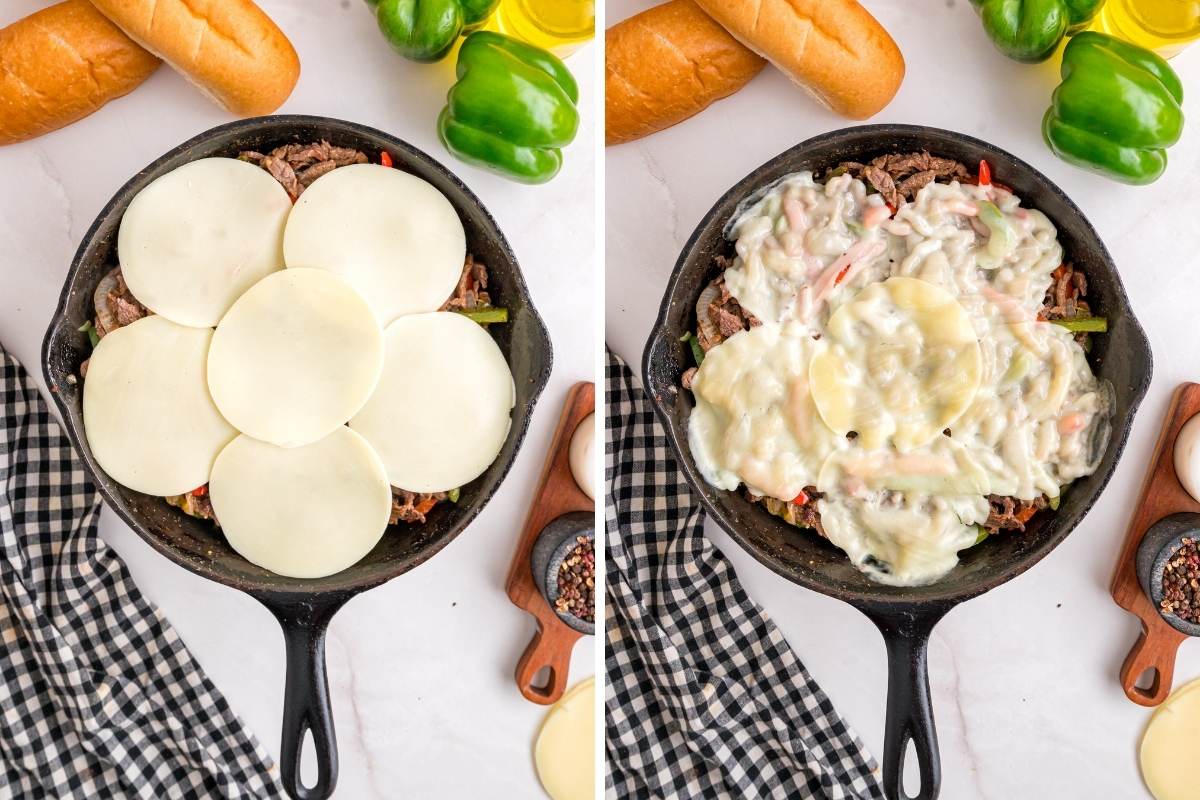 Provolone slices layered over steak and peppers in a cast iron skillet, then melted into a creamy topping.