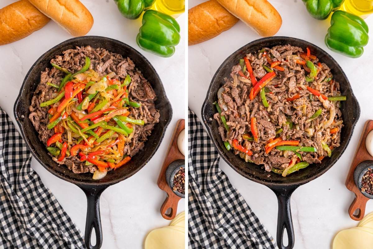 Two cast iron skillets showing sliced peppers and onions being added and stirred into browned steak strips.