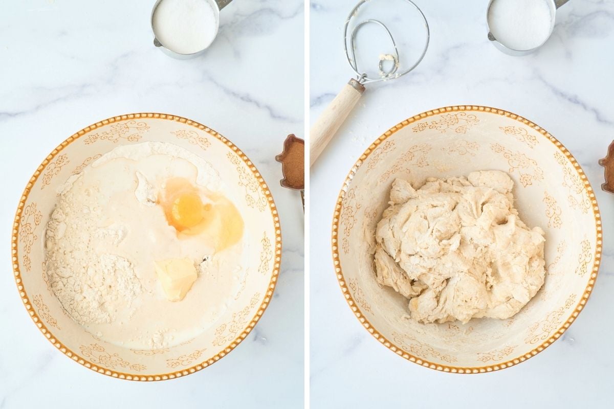 Flour, egg, and butter in a decorative bowl beside a dough whisk after mixing into shaggy dough.