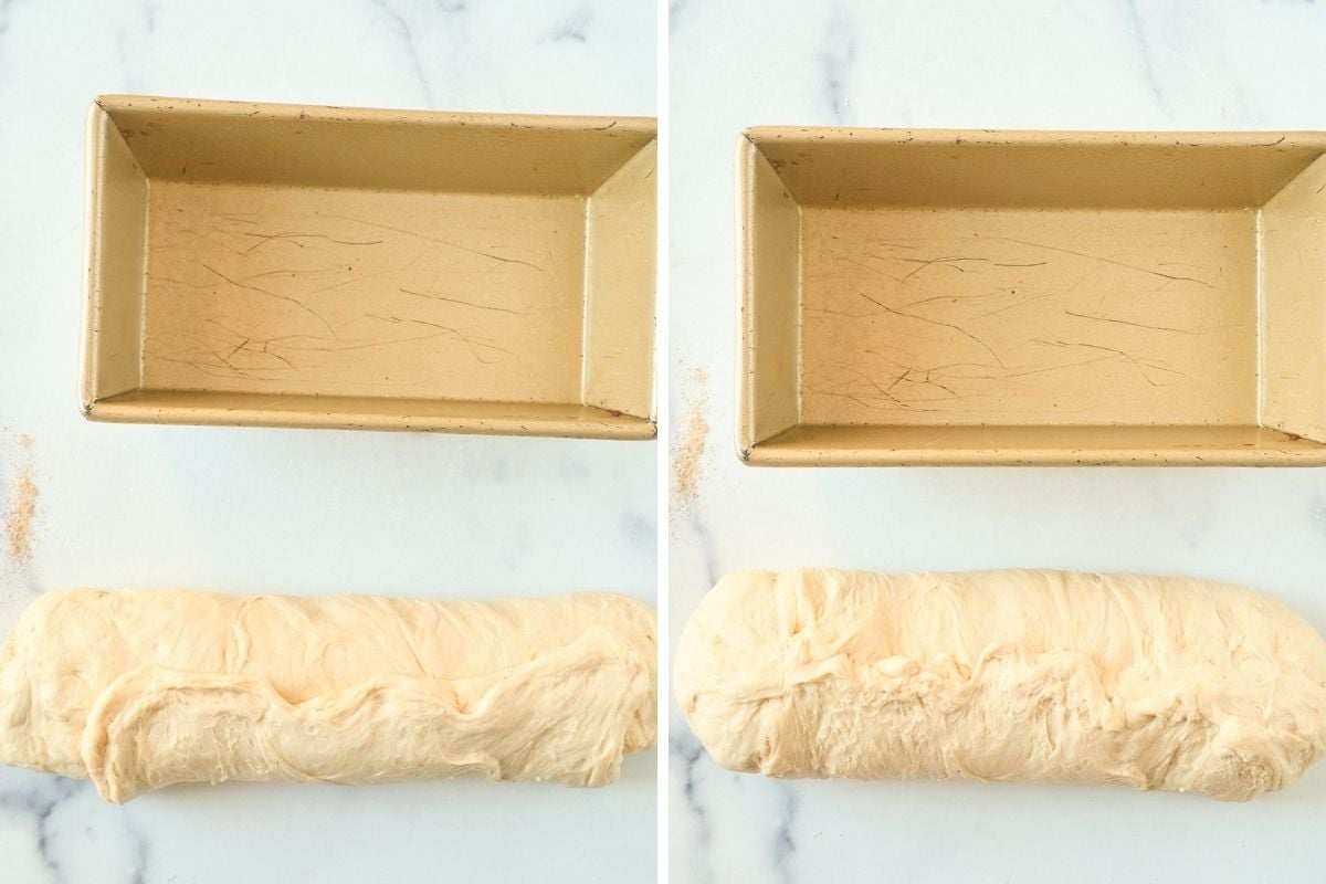 Side-by-side shots of a shaped sourdough log with sealed seam beside an empty gold loaf pan.