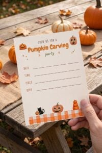 hand hholding pumpkin party invitation.