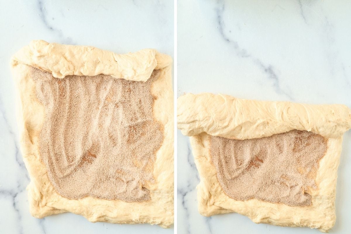 Two side-by-side shots of rectangular dough sprinkled with cinnamon sugar being folded down from the top on marble.
