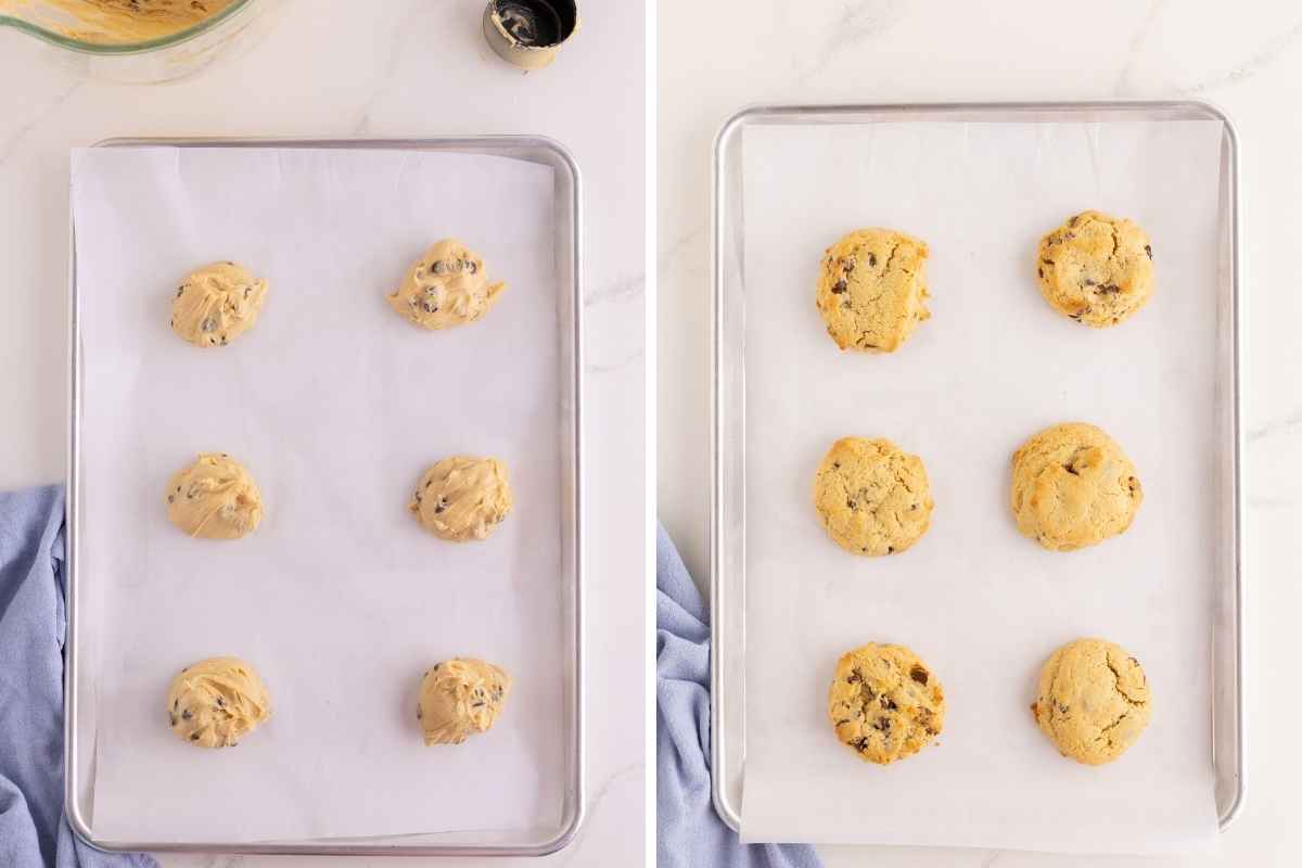 Side-by-side trays showing six scoops of chocolate chip cookie dough before and after baking on parchment.