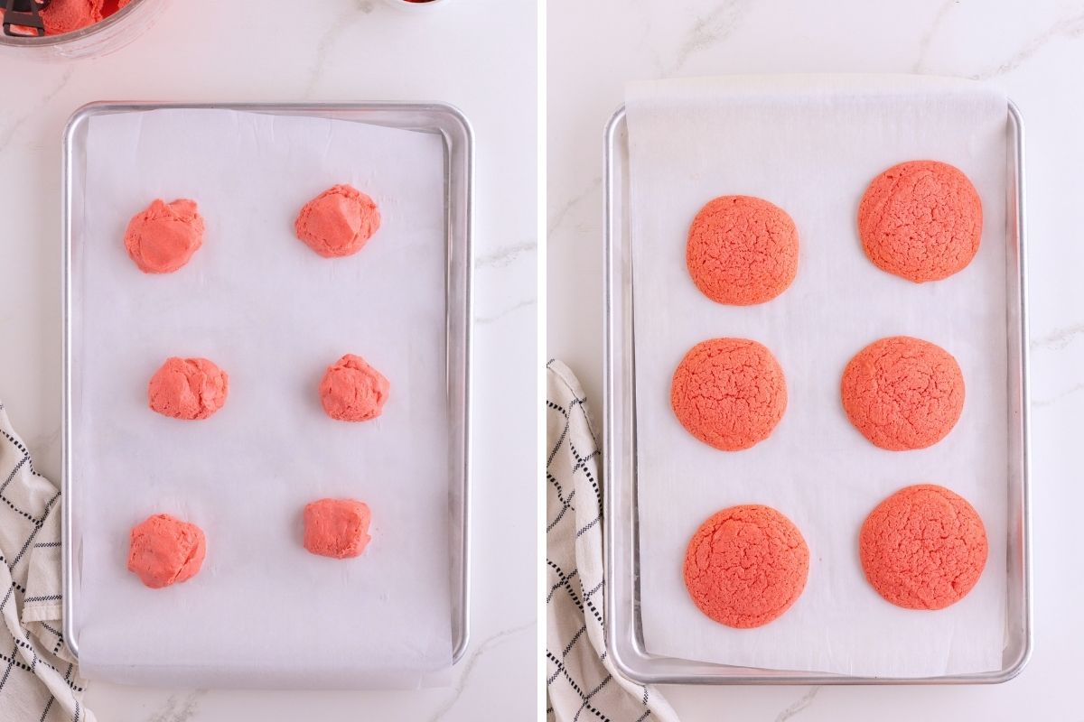 Side-by-side pans showing scooped pink strawberry dough balls before baking and puffed round cookies after.