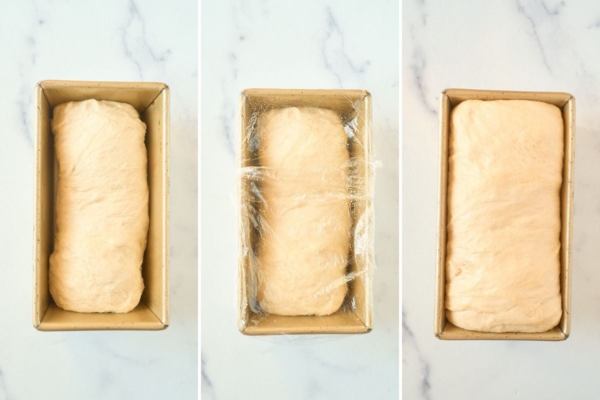 Three-panel progression of dough rising in a gold loaf pan, covered with plastic wrap in the middle stage.
