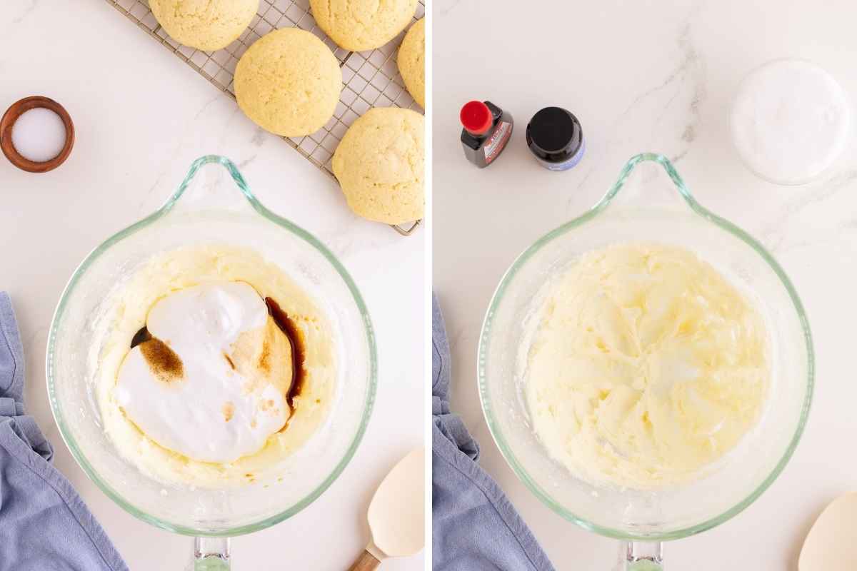 Butter and sugar being beaten in a glass mixing bowl with vanilla and egg whites added alongside cooling cookies.