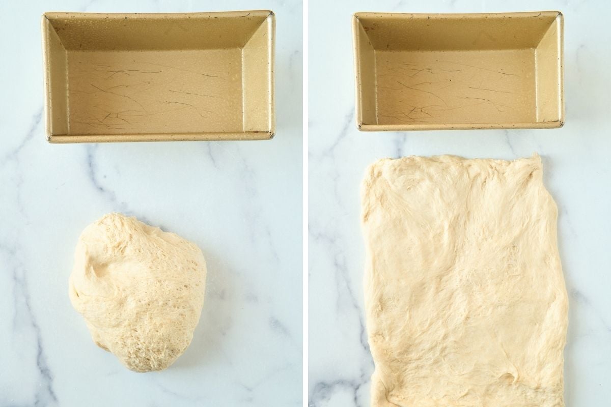 Side-by-side view of sourdough being shaped from a rough ball into a flat rectangle beside a gold loaf pan.