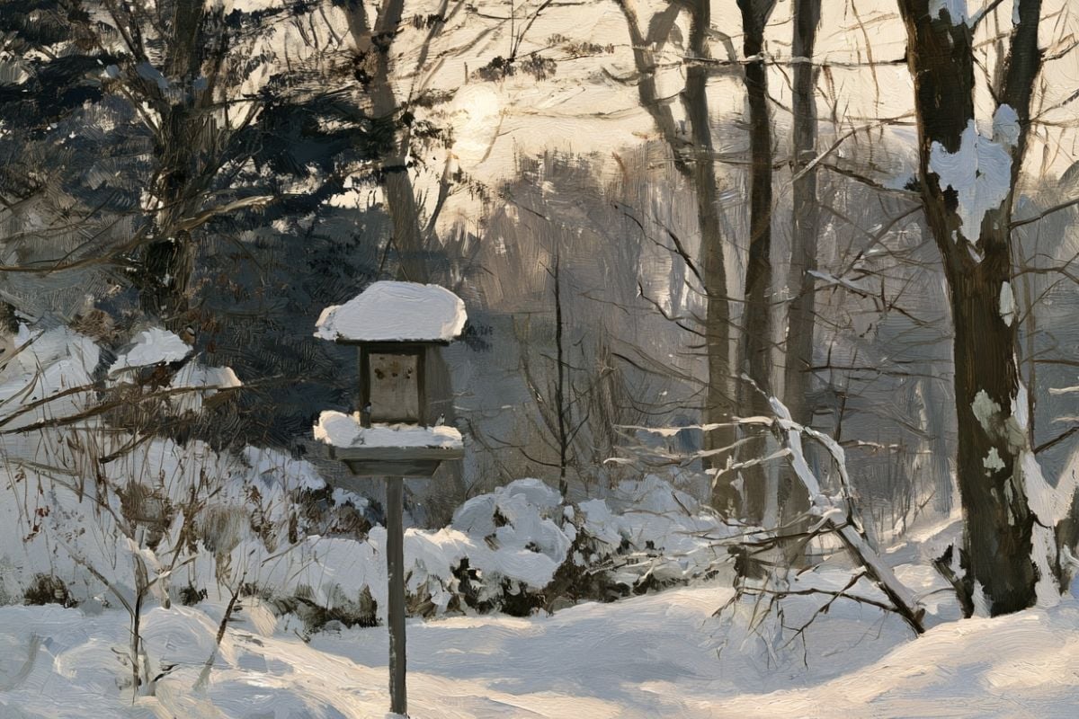 Bird feeder in the snow .