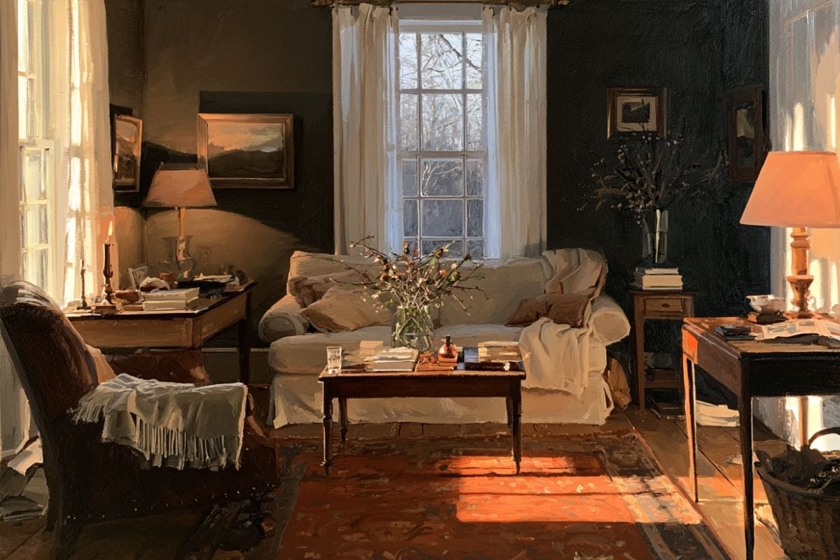 Cozy living room with dark walls
