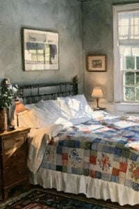 Doorway view of blue country bedroom