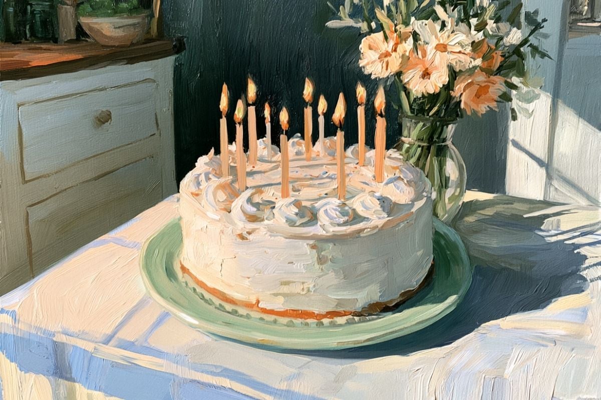Homemade cake next to flowers