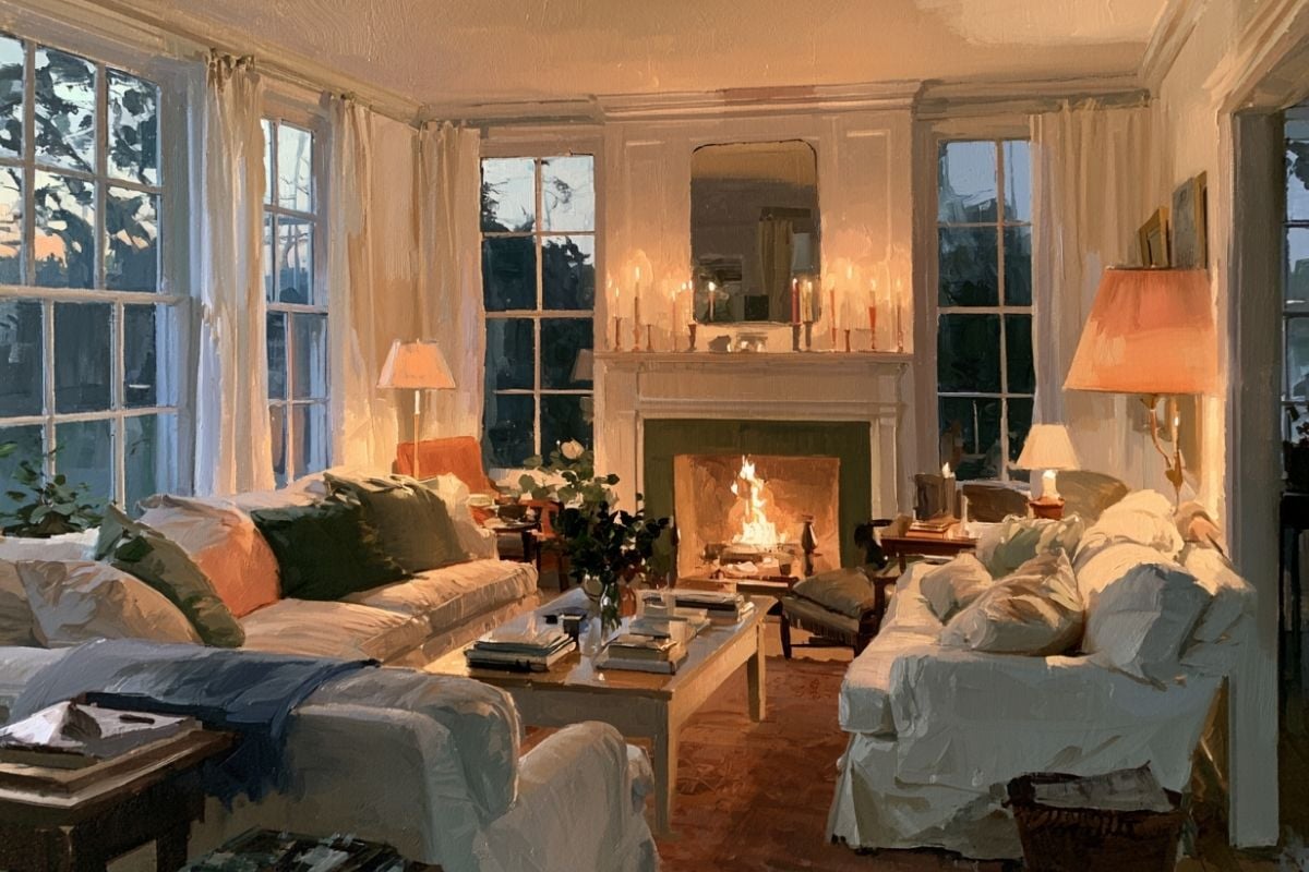 Clean and pretty living room with windows.