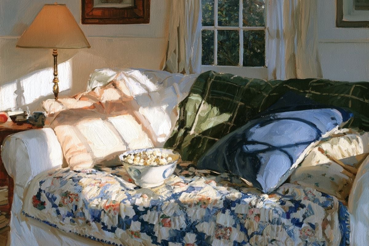 Cozy couch with a bowl of popcorn
