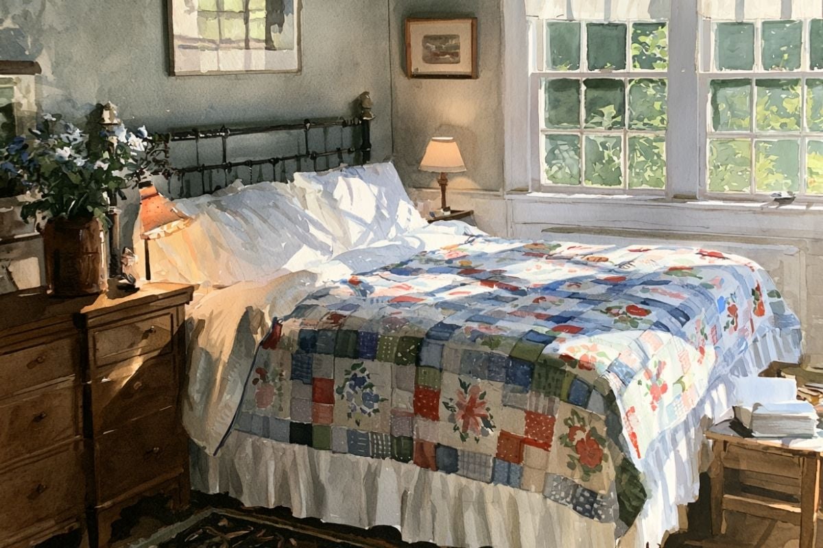 Patchwork quilt on top of bed