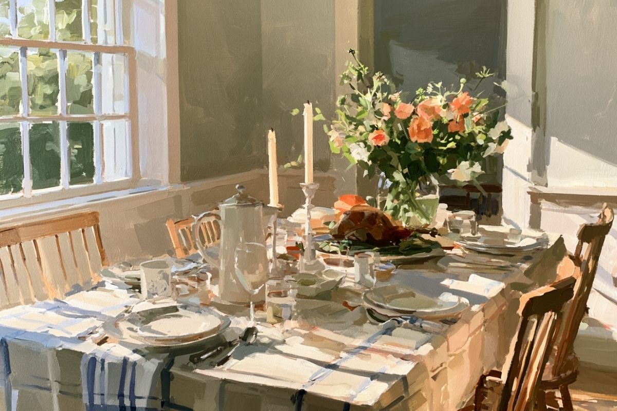 Dining room table set for a family dinner