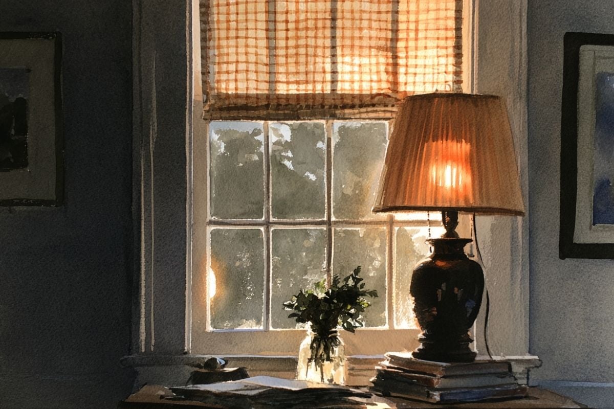 Pleated lampshade with warm light bulb