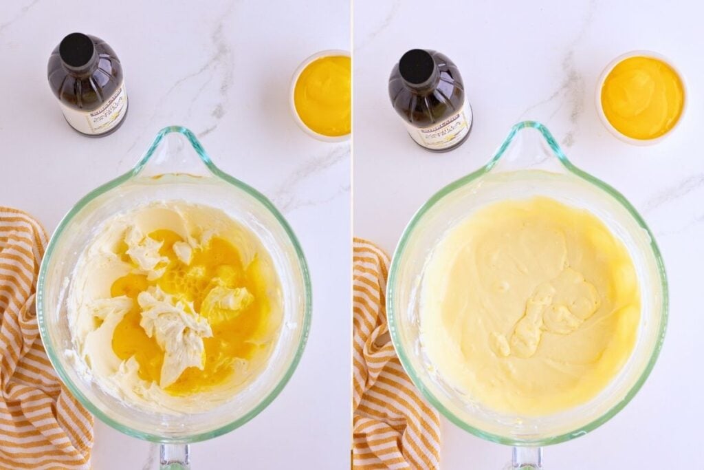 Beaten eggs being added to whipped cream cheese in a glass mixing bowl, then blended smooth.