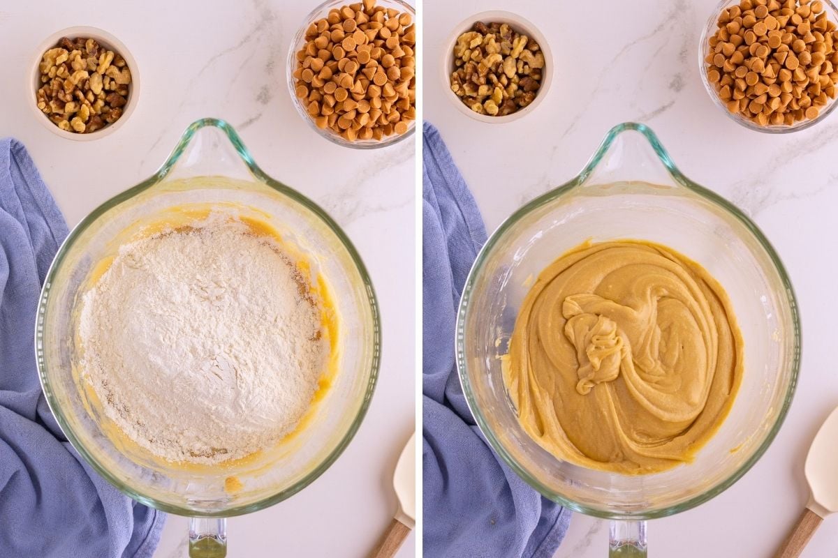 Side-by-side glass bowls showing flour added to batter then mixed into smooth butterscotch dough with walnuts and chips nearby.