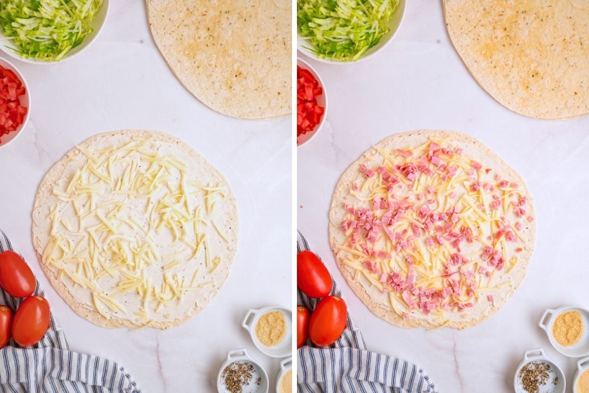 Side-by-side tortillas topped with shredded cheese, then sprinkled with diced ham for pinwheel filling.