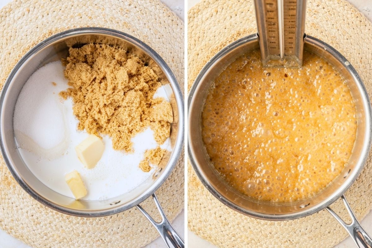 Saucepan with brown sugar, white sugar, butter, and cream beside the same pan bubbling with a candy thermometer.