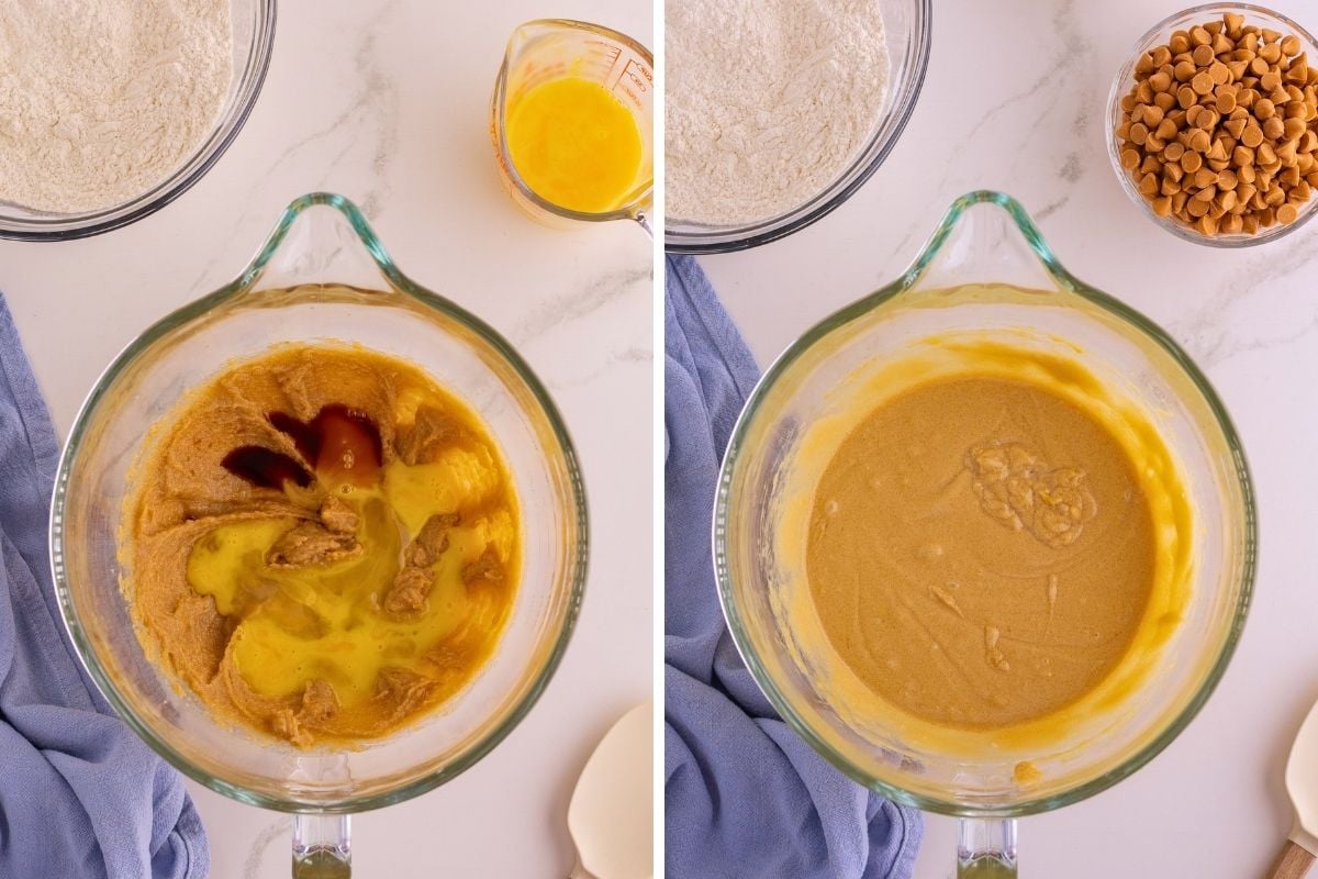 Beaten eggs and vanilla added to butterscotch batter in a glass mixing bowl, then blended smooth.