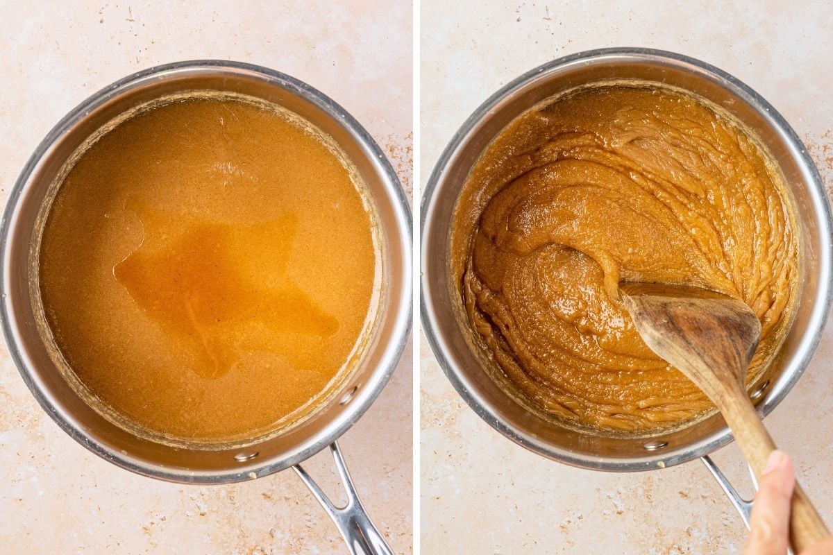 Melted caramel-colored penuche mixture in a saucepan being beaten with a wooden spoon until thick and creamy.