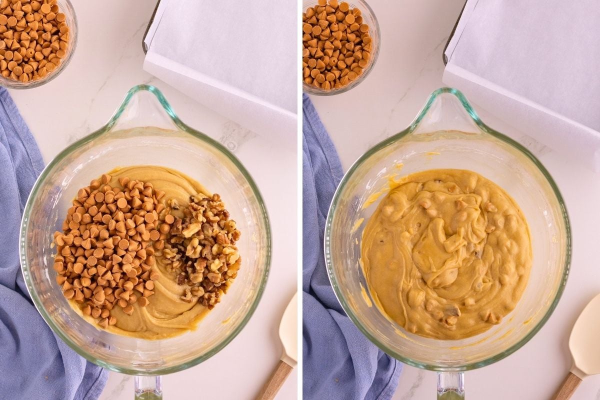 Butterscotch chips and chopped walnuts being folded into pale yellow batter in a glass mixing bowl.