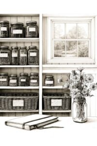 line drawing of organized pantry.