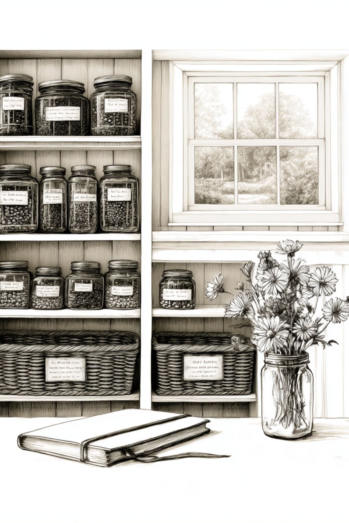line drawing of organized pantry.