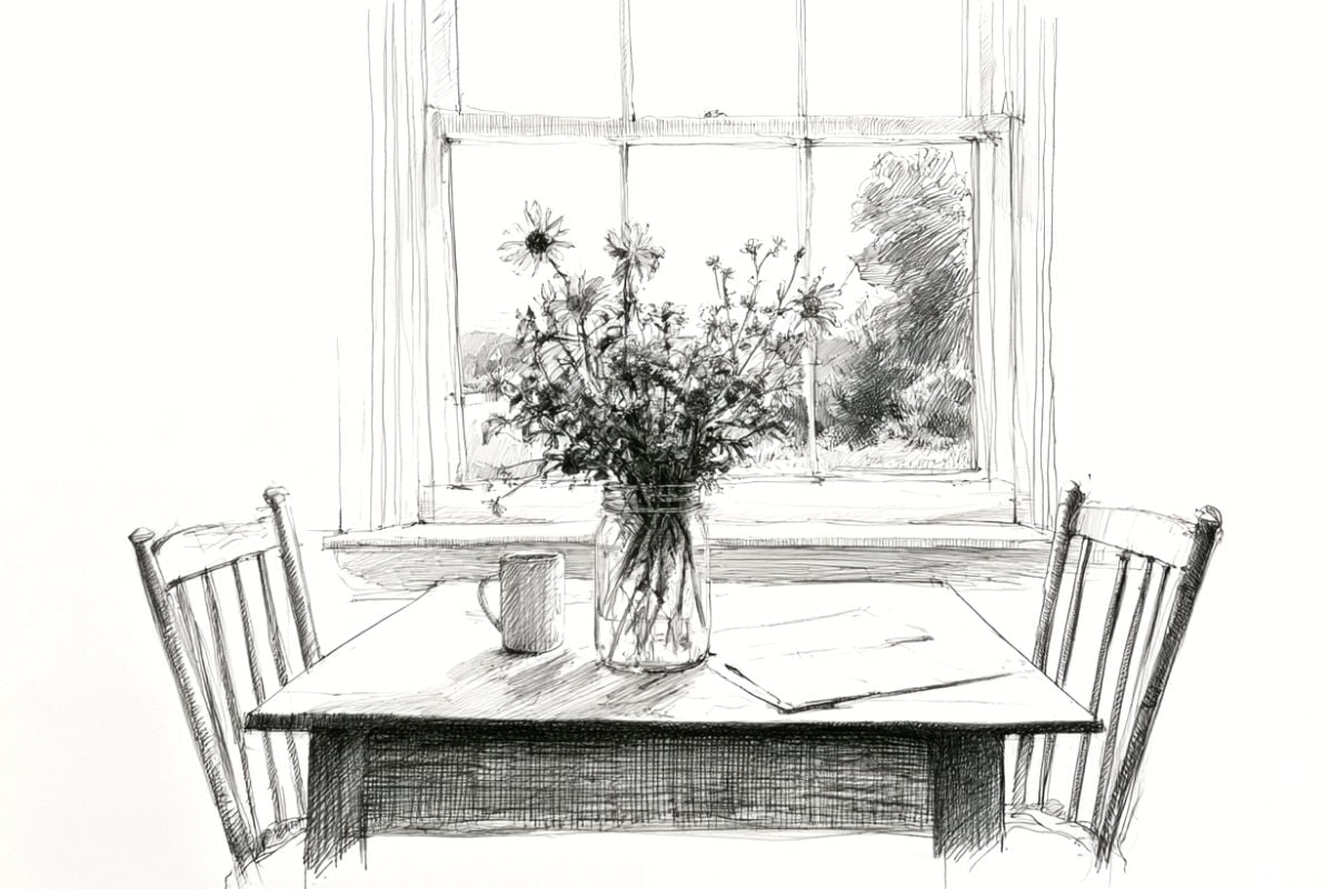 kitchen table with flowers.