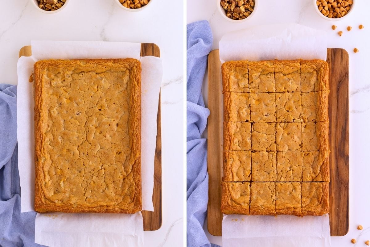 Golden butterscotch bars cooling on parchment-lined wooden board, shown whole and sliced into squares.