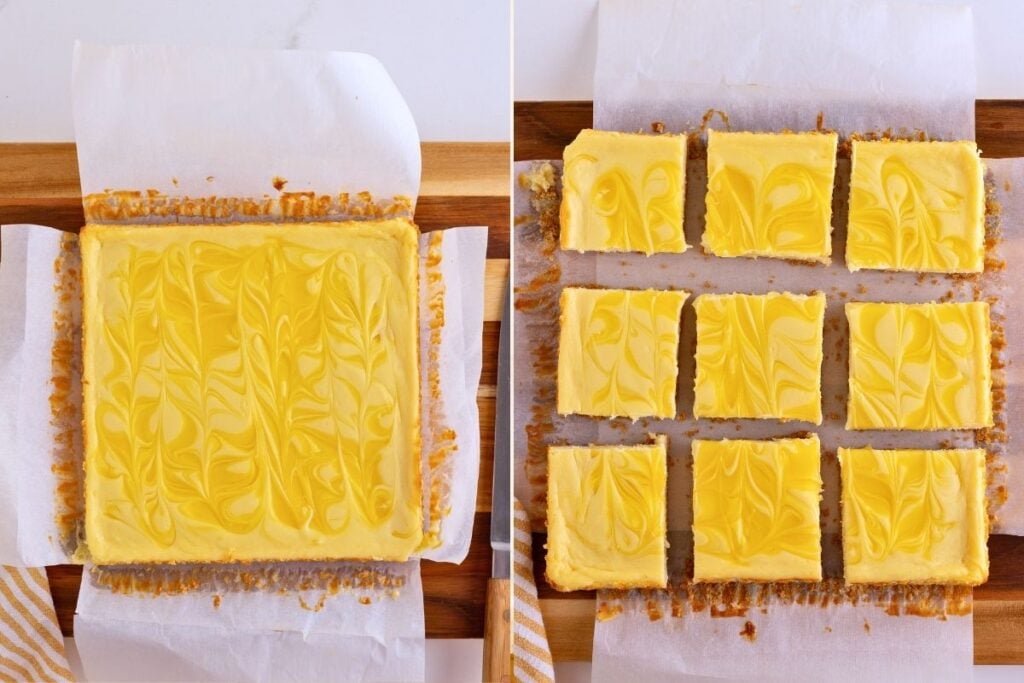 Baked lemon cheesecake with yellow swirled top shown whole and then sliced into nine square bars on parchment.