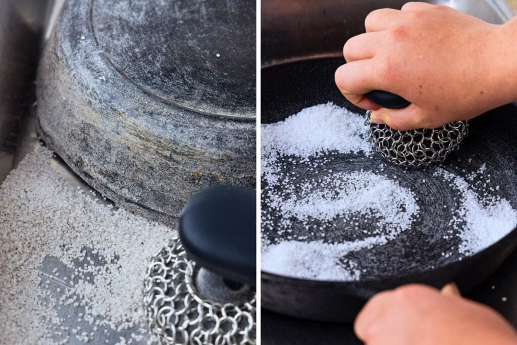 split image with flipped over cast iron pan and salt that has been scrubbed and opposite side of pan being scrubbed with chain scrubber