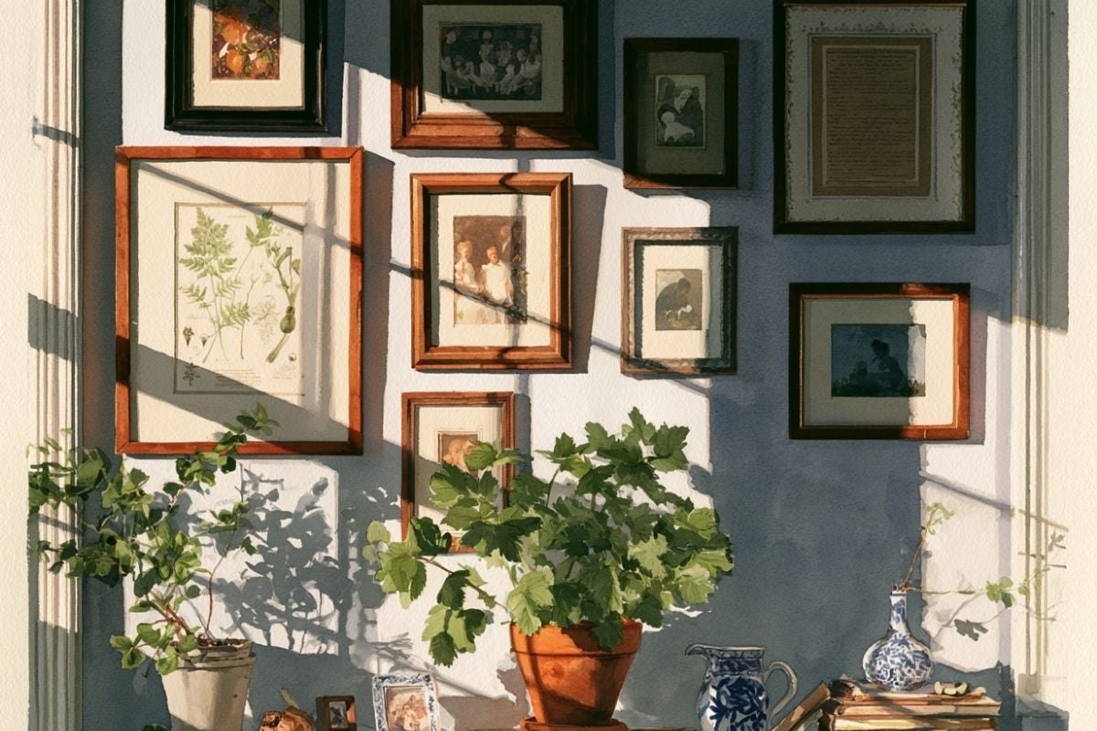 Botanical prints and family photos in mixed frames