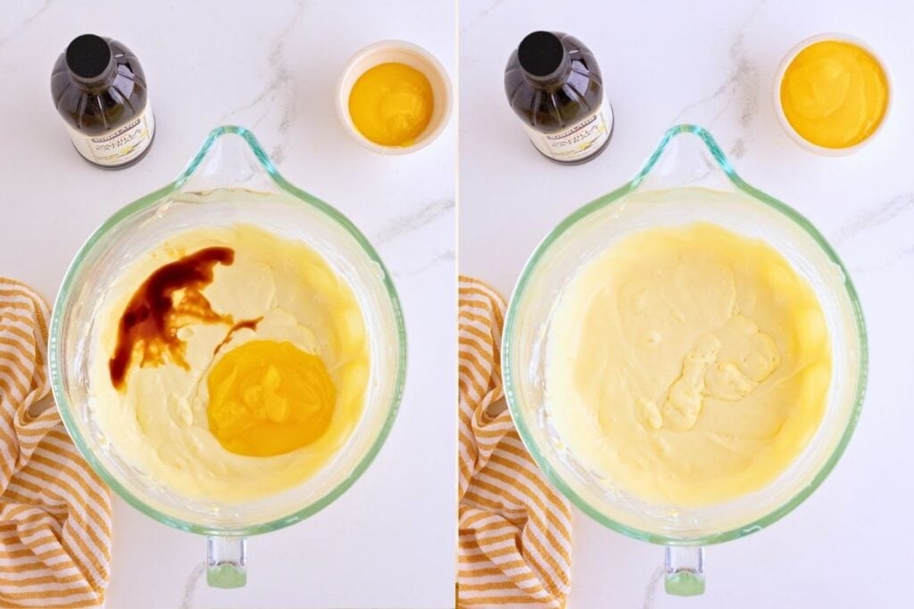 Vanilla extract and lemon curd added to cream cheese mixture in a glass bowl, then blended smooth.
