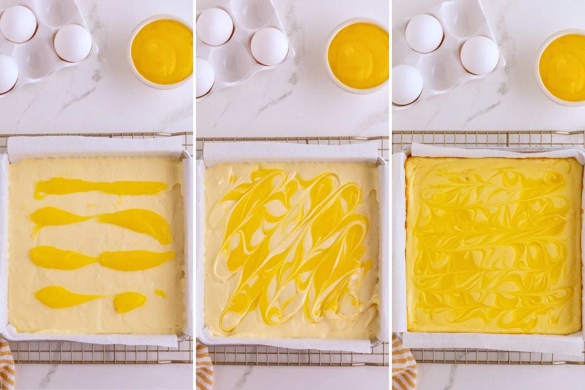 Three-step sequence showing lemon curd being dolloped and swirled into cheesecake batter in a parchment-lined pan.