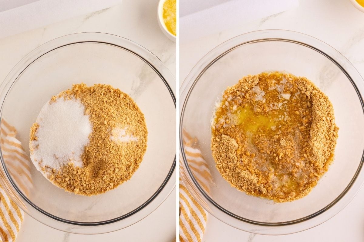Graham cracker crumbs and sugar in a glass bowl, then mixed with melted butter.