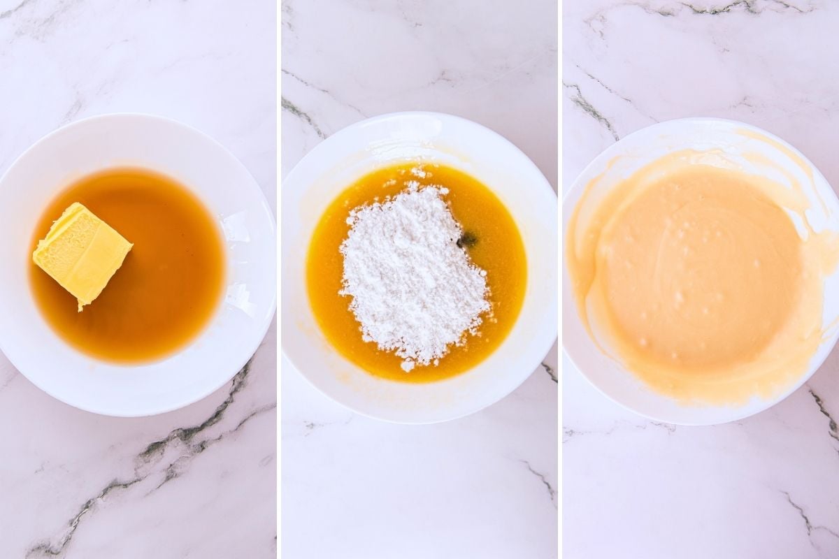 Three-step collage showing butter and maple syrup, powdered sugar added, then whisked into a smooth glaze.