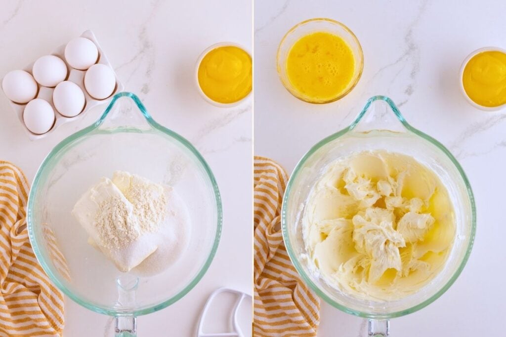 Cream cheese, sugar, and flour in a glass bowl beside eggs, then beaten smooth after mixing.